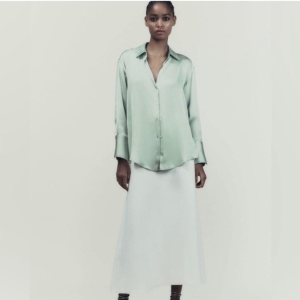 Zara Sage Green Satin Button Down Long Sleeve Shirt Size Small - Picture 2 of 15